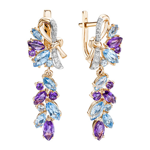 Серьги из красного золота с аметистами, топазами и фианитами (040079)