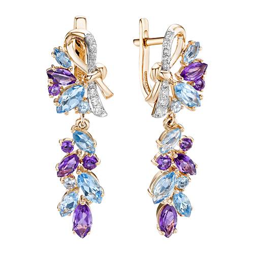 Серьги из красного золота с аметистами, топазами и фианитами (040079)