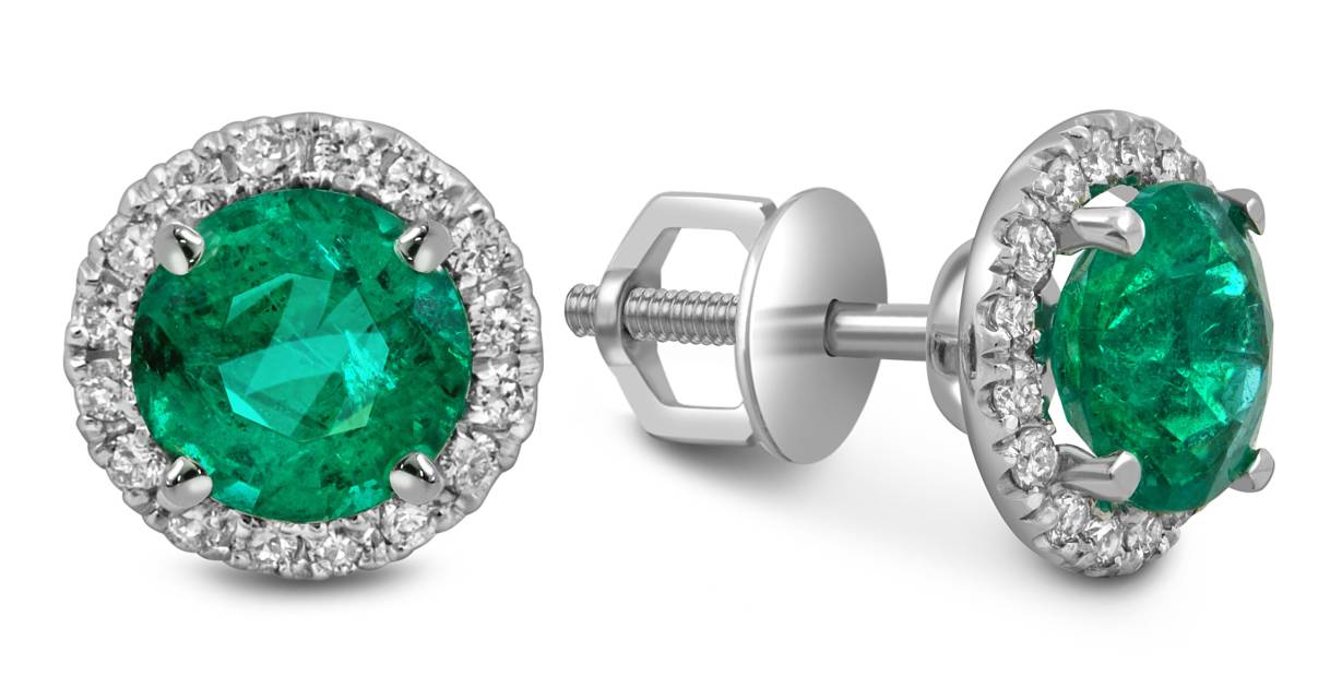 Серьги пусеты из белого золота с бриллиантами и изумрудами (052614)