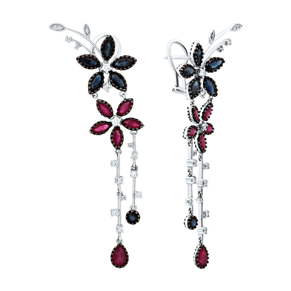 Серьги из белого золота с бриллиантами, сапфирами и рубинами (018245)