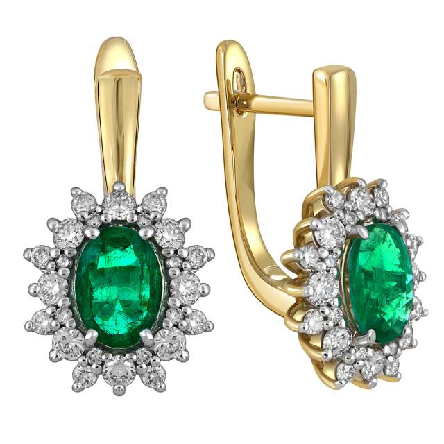 Серьги из жёлтого золота с бриллиантами и изумрудами (055523)