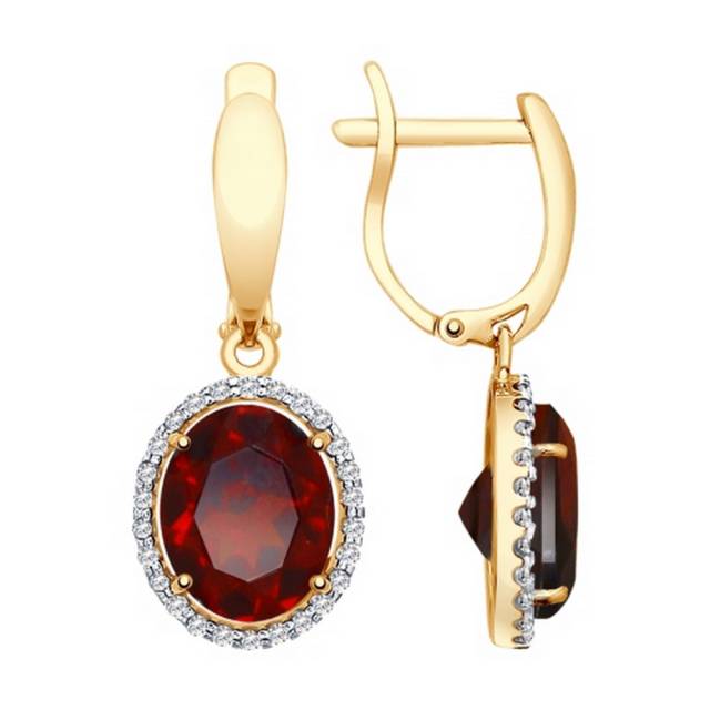 Серьги из красного золота с гранатми и фианитами (038351)