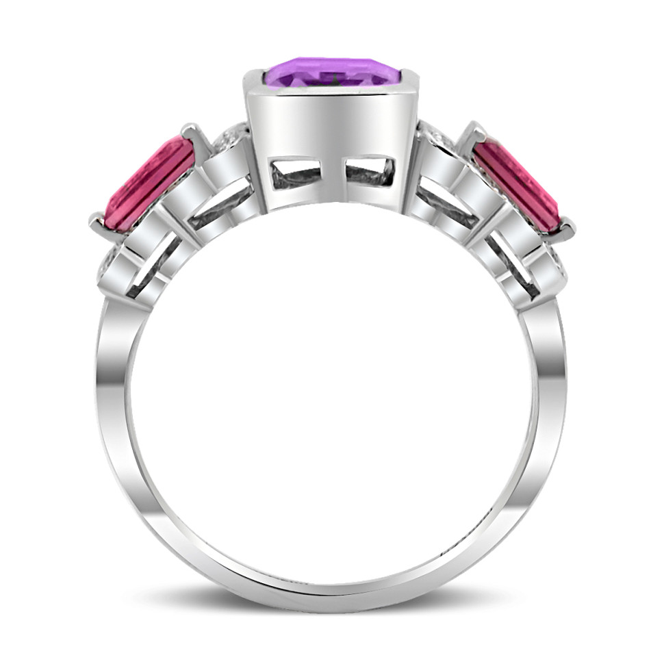 Кольцо из белого золота с бриллиантами, аметистом и турмалинами (019997)