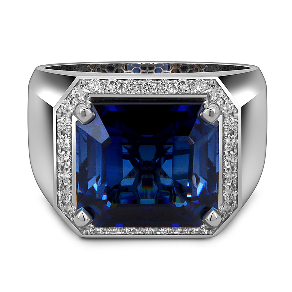 Мужское кольцо из белого золота с бриллиантами и сапфиром (055560)