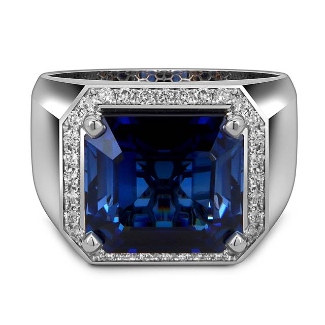 Мужское кольцо из белого золота с бриллиантами и сапфиром (055560)