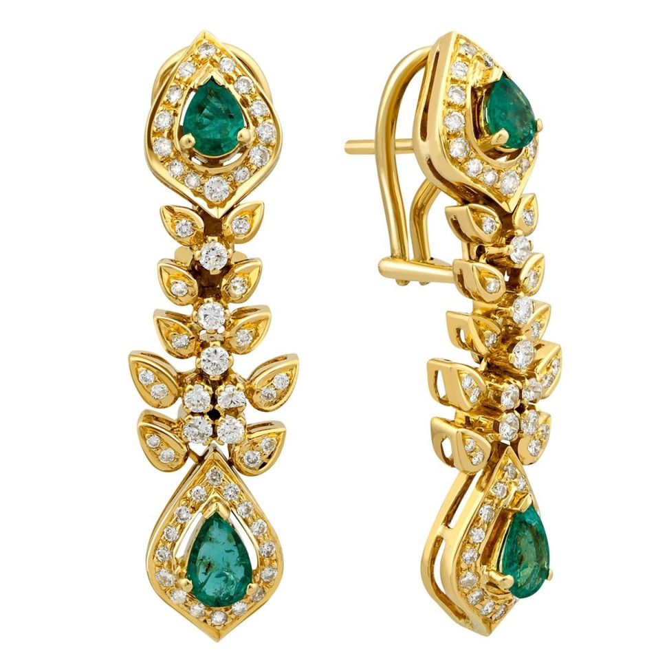 Серьги из жёлтого золота с бриллиантами и изумрудами (025838)