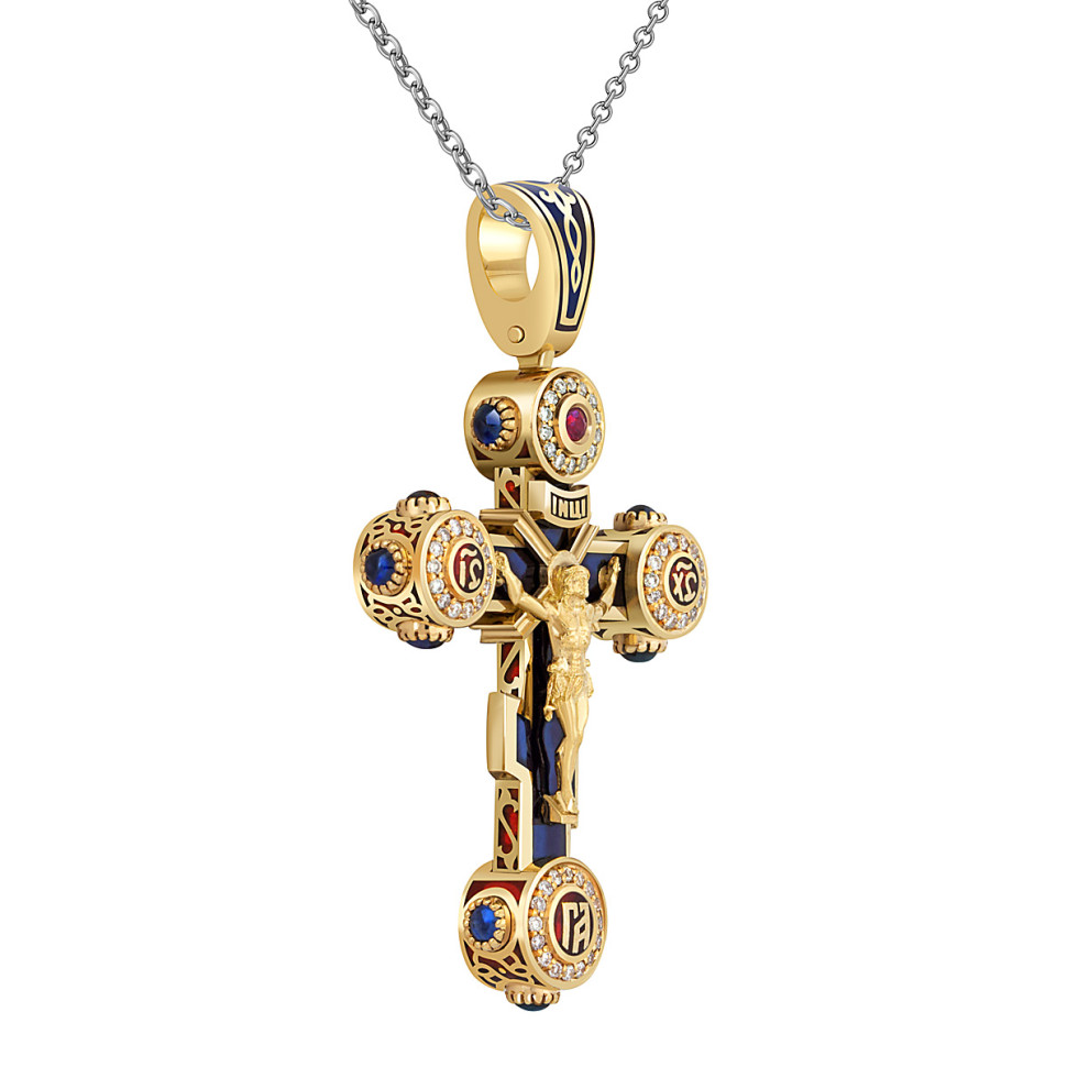 Кулон крест из жёлтого золота с бриллиантами, сапфирами и рубином (049368)