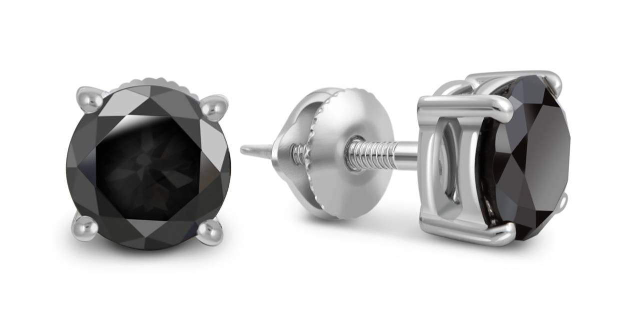 Серьги пусеты из белого золота с чёрными бриллиантами (050777)