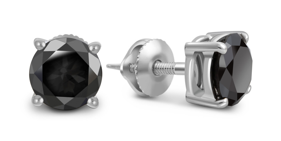 Серьги пусеты из белого золота с чёрными бриллиантами (050777)