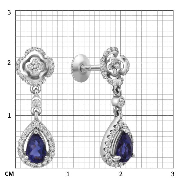 Серьги пусеты из белого золота с бриллиантами и иолитами (012674)