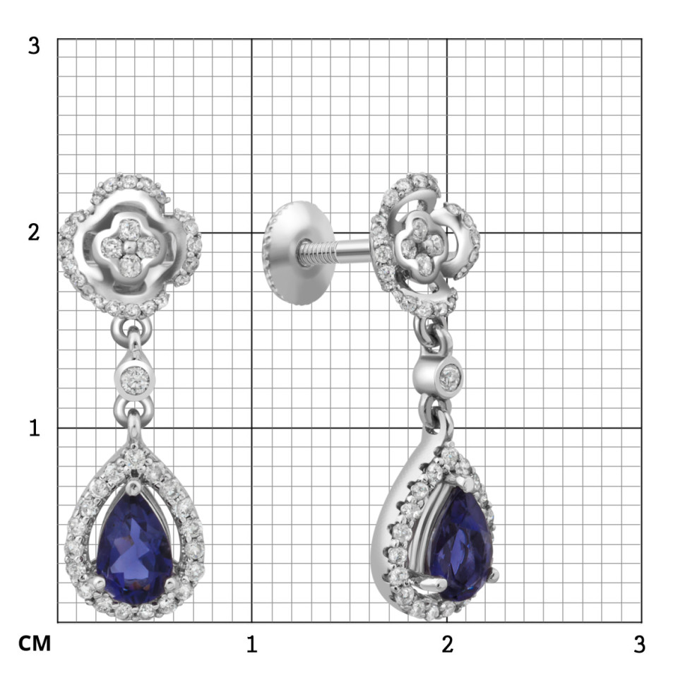 Серьги пусеты из белого золота с бриллиантами и иолитами (012674)