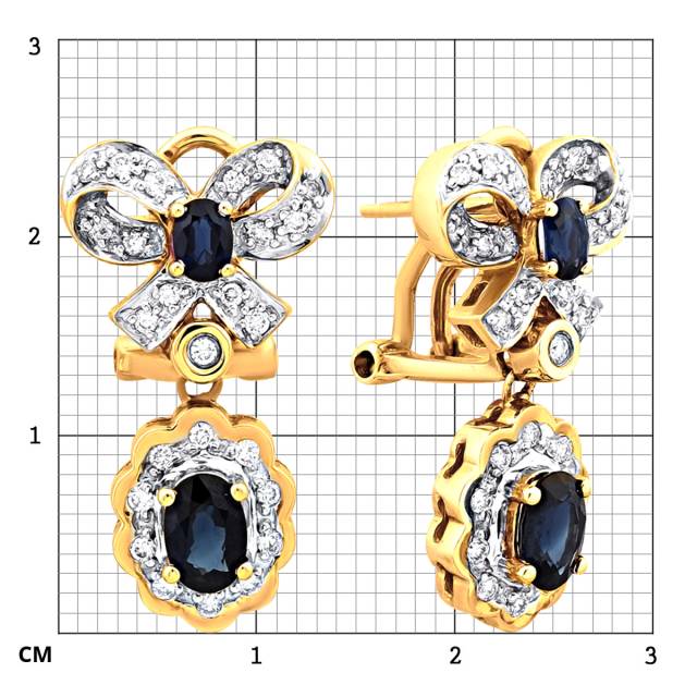 Серьги из жёлтого золота с бриллиантами и сапфирами (009420)