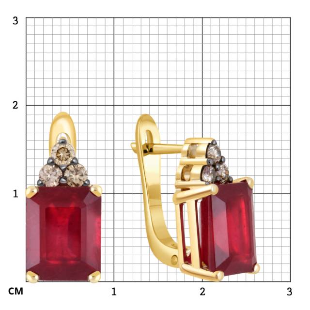 Серьги из жёлтого золота с коньячными бриллиантами и рубинами (051779)
