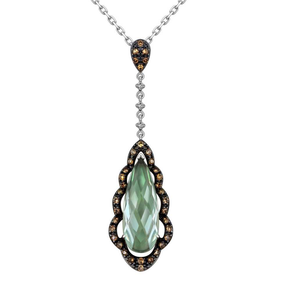 Колье из белого золота с зеленым аметистом и бриллиантами (058027)