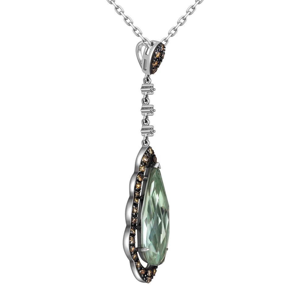 Колье из белого золота с зеленым аметистом и бриллиантами (058027)