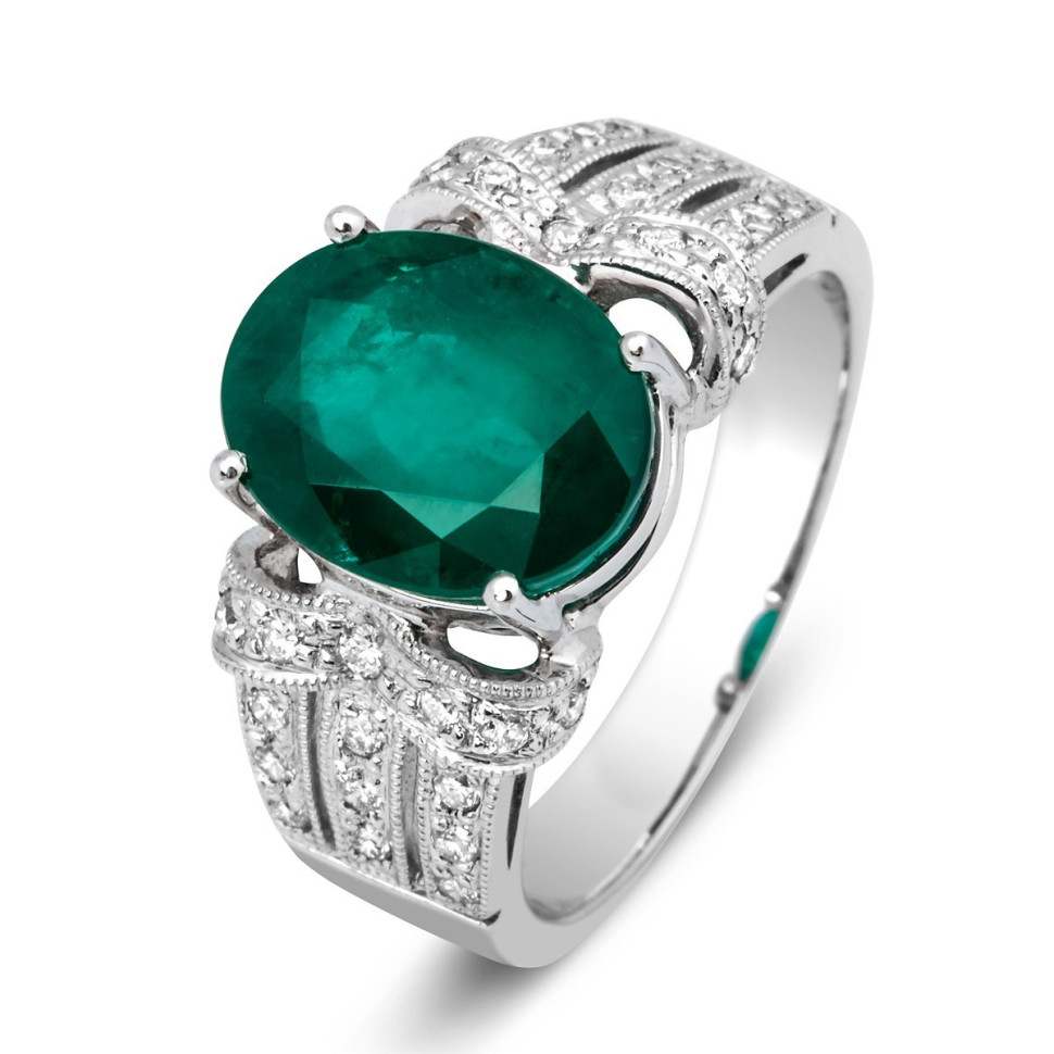 Кольцо из белого золота с бриллиантами и изумрудом (003180)