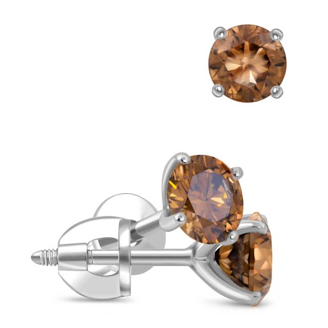 Серьги пусеты из белого золота с коньячными бриллиантами (053457)