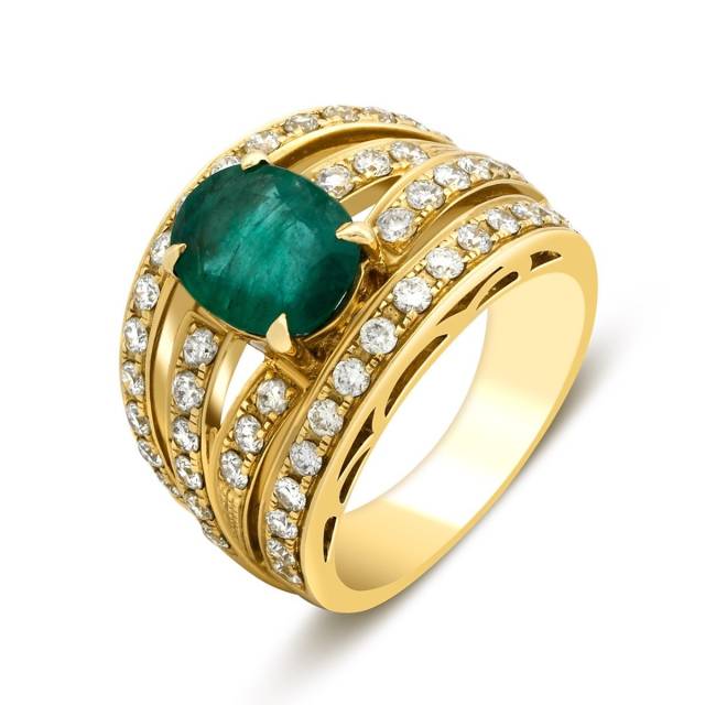 Кольцо из жёлтого золота с бриллиантами и изумрудом (018464)