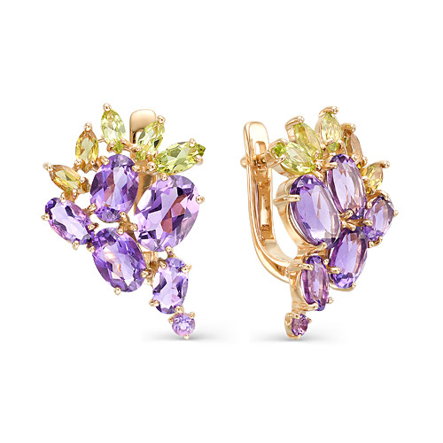 Серьги из красного золота с аметистами, султанитами и хризолитами (040282)