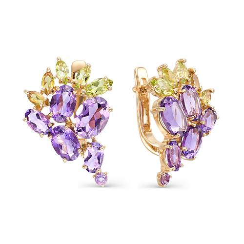 Серьги из красного золота с аметистами, султанитами и хризолитами (040282)