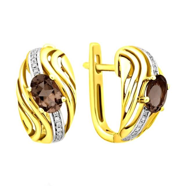 Серьги из жёлтого золота с бриллиантами и дымчатым кварцем (011473)