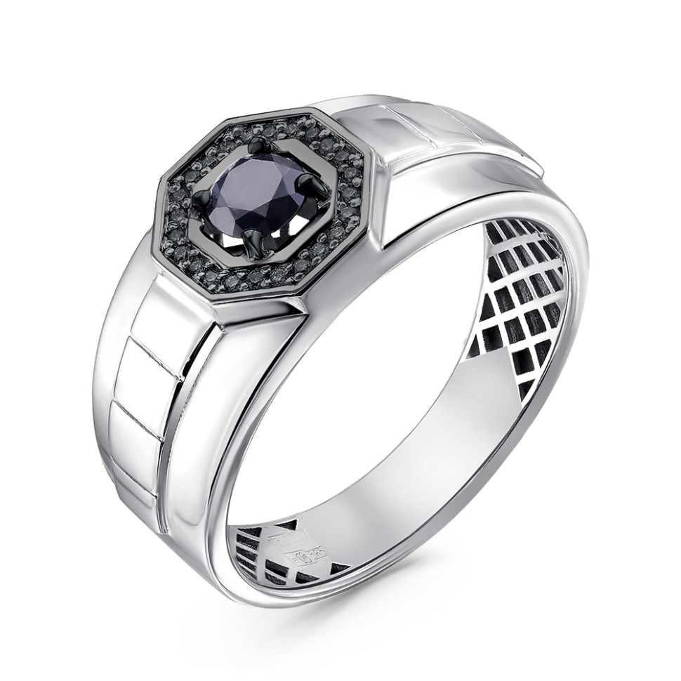 Кольцо мужское из белого золота с чёрными бриллиантами и сапфиром (051524)
