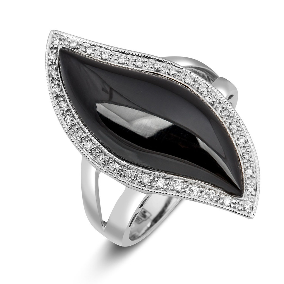 Кольцо из белого золота с бриллиантами и ониксом (001136)