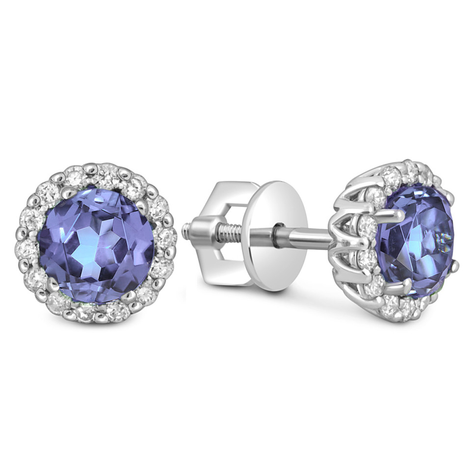 Серьги пусеты из белого золота с бриллиантами и танзанитами (055726)