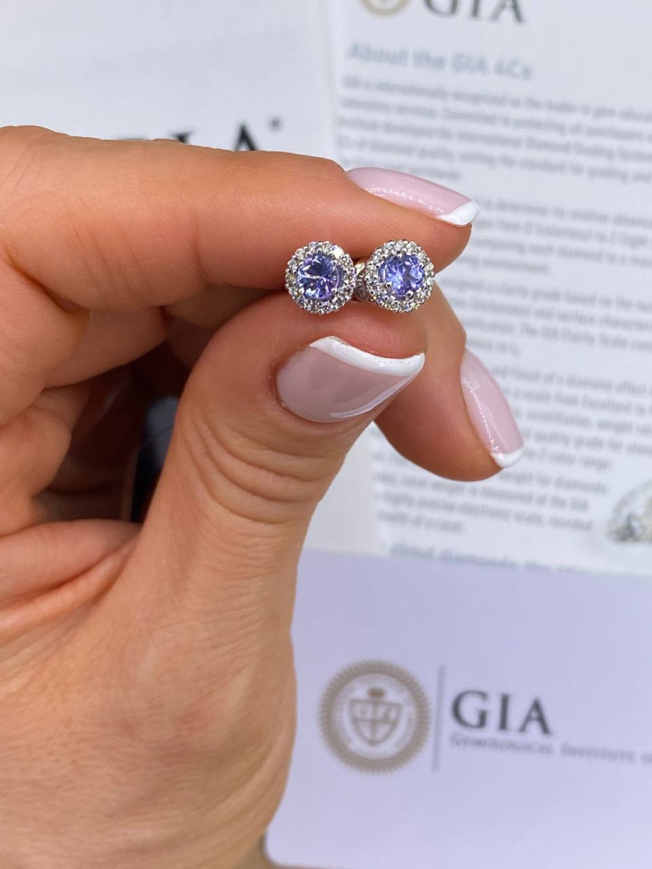 Серьги пусеты из белого золота с бриллиантами и танзанитами (055726)