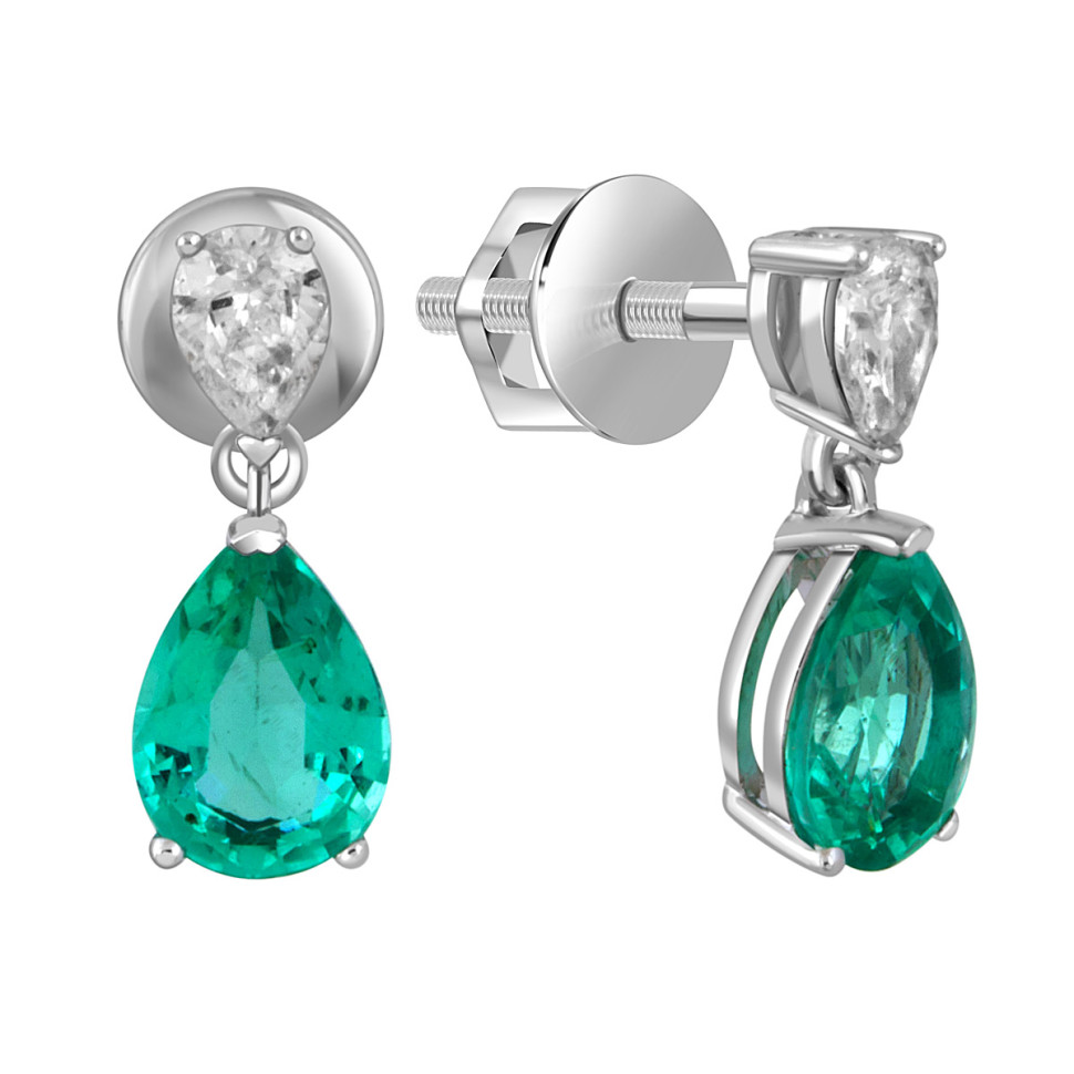 Серьги пусеты из белого золота с бриллиантами и изумрудами (051821)