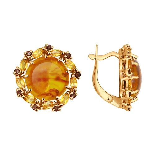 Серьги из красного золота с янтарём, раухтопазами и цитринами (038344)