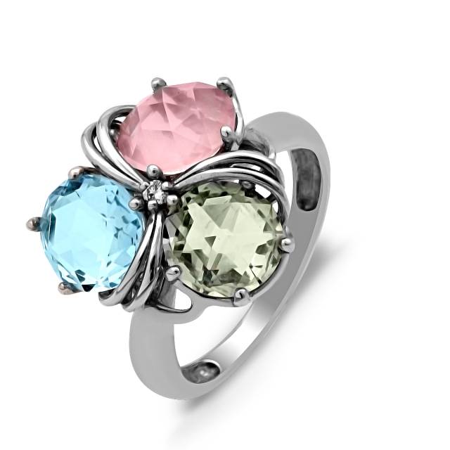 Кольцо из белого золота с бриллиантами и полудрагоценными камнями (030647)