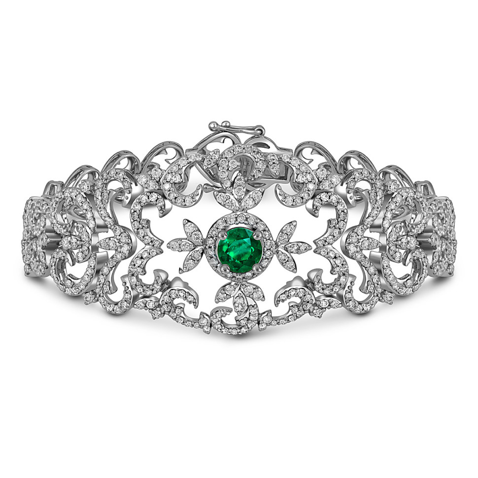 Браслет из белого золота с бриллиантами и изумрудом (047198)