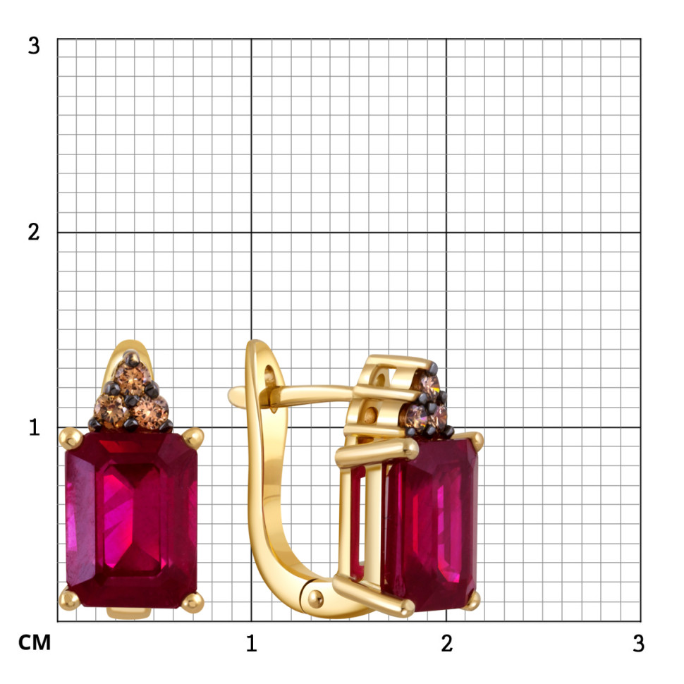 Серьги из жёлтого золота с коньячными бриллиантами и рубинами (052082)