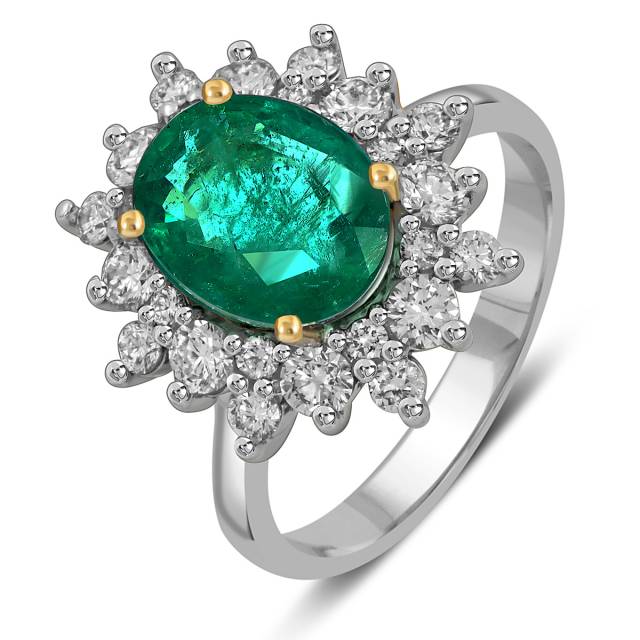 Кольцо из белого золота с бриллиантами и изумрудом (055554)