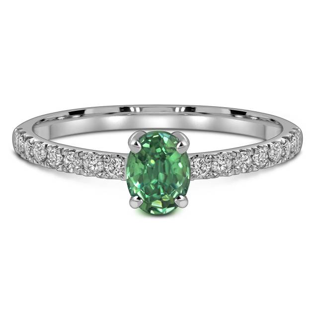 Кольцо из белого золота с бриллиантами и зелёным сапфиром (063720)