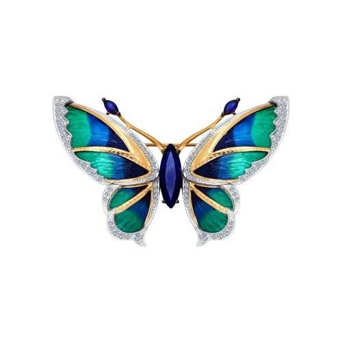 Брошь из красного золота с бриллиантами, корундами и эмалью "Бабочка" (042912)