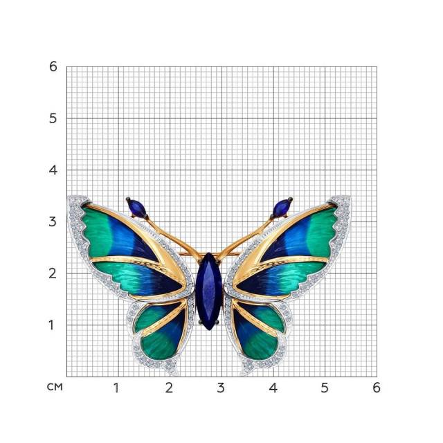 Брошь из красного золота с бриллиантами, корундами и эмалью "Бабочка" (042912)