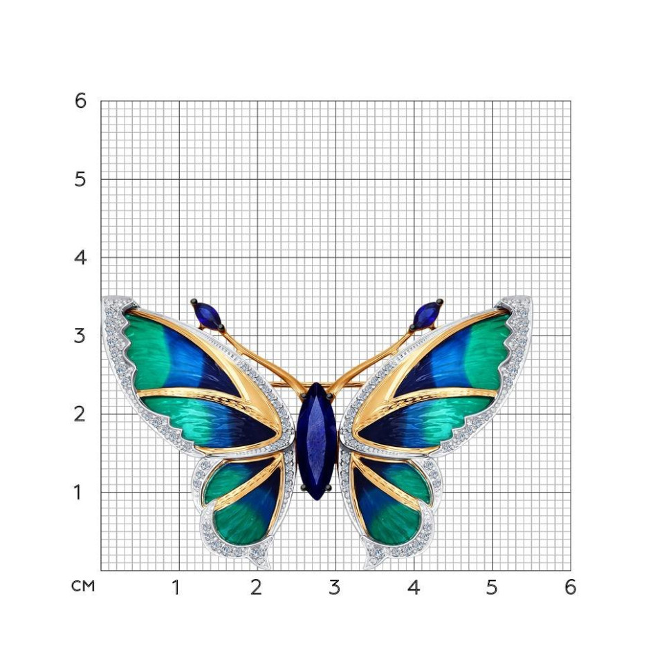Брошь из красного золота с бриллиантами, корундами и эмалью 