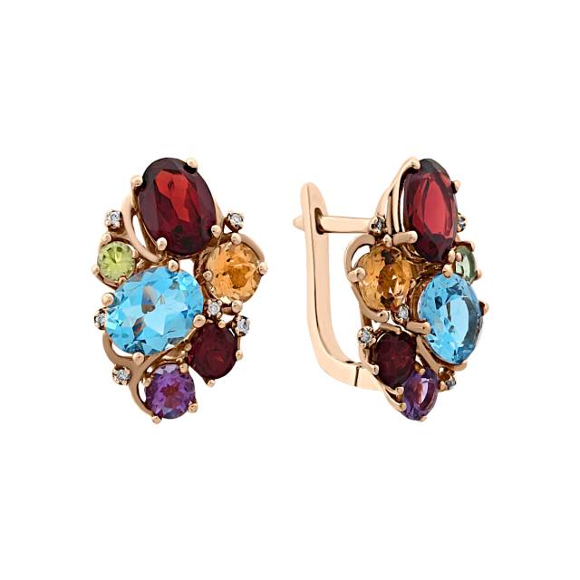 Серьги из красного золота с бриллиантами и полудрагоценными камнями (019789)