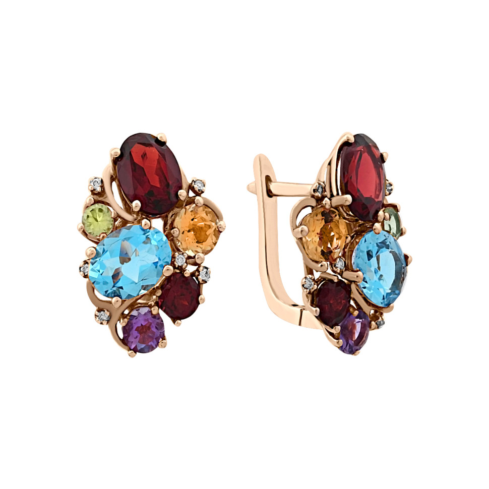 Серьги из красного золота с бриллиантами и полудрагоценными камнями (019789)