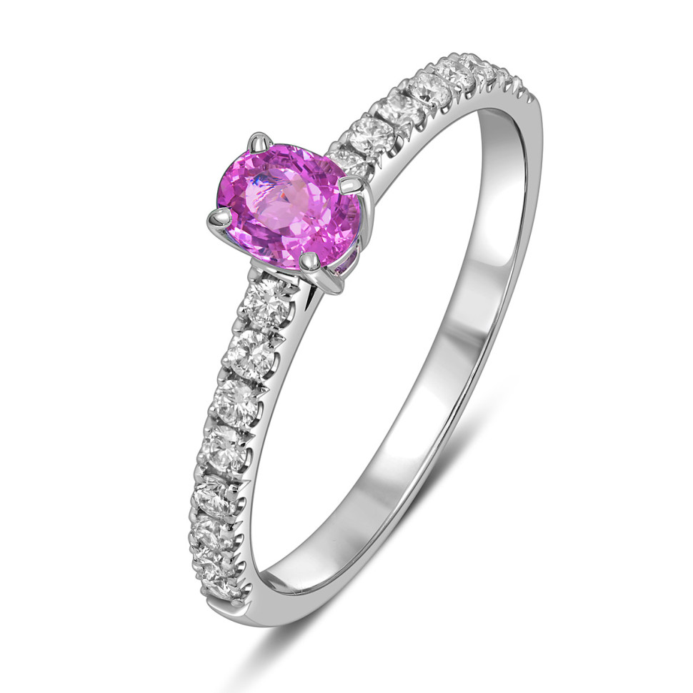 Кольцо из белого золота с бриллиантами и розовым сапфиром (063675)