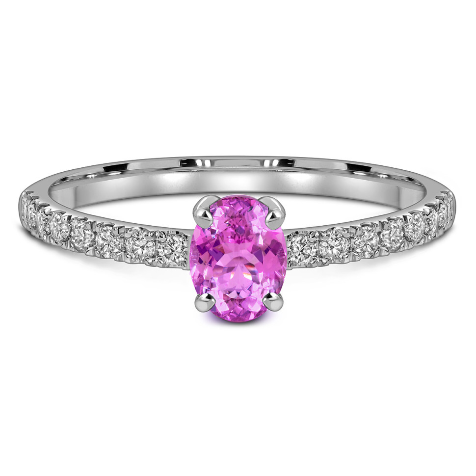 Кольцо из белого золота с бриллиантами и розовым сапфиром (063675)