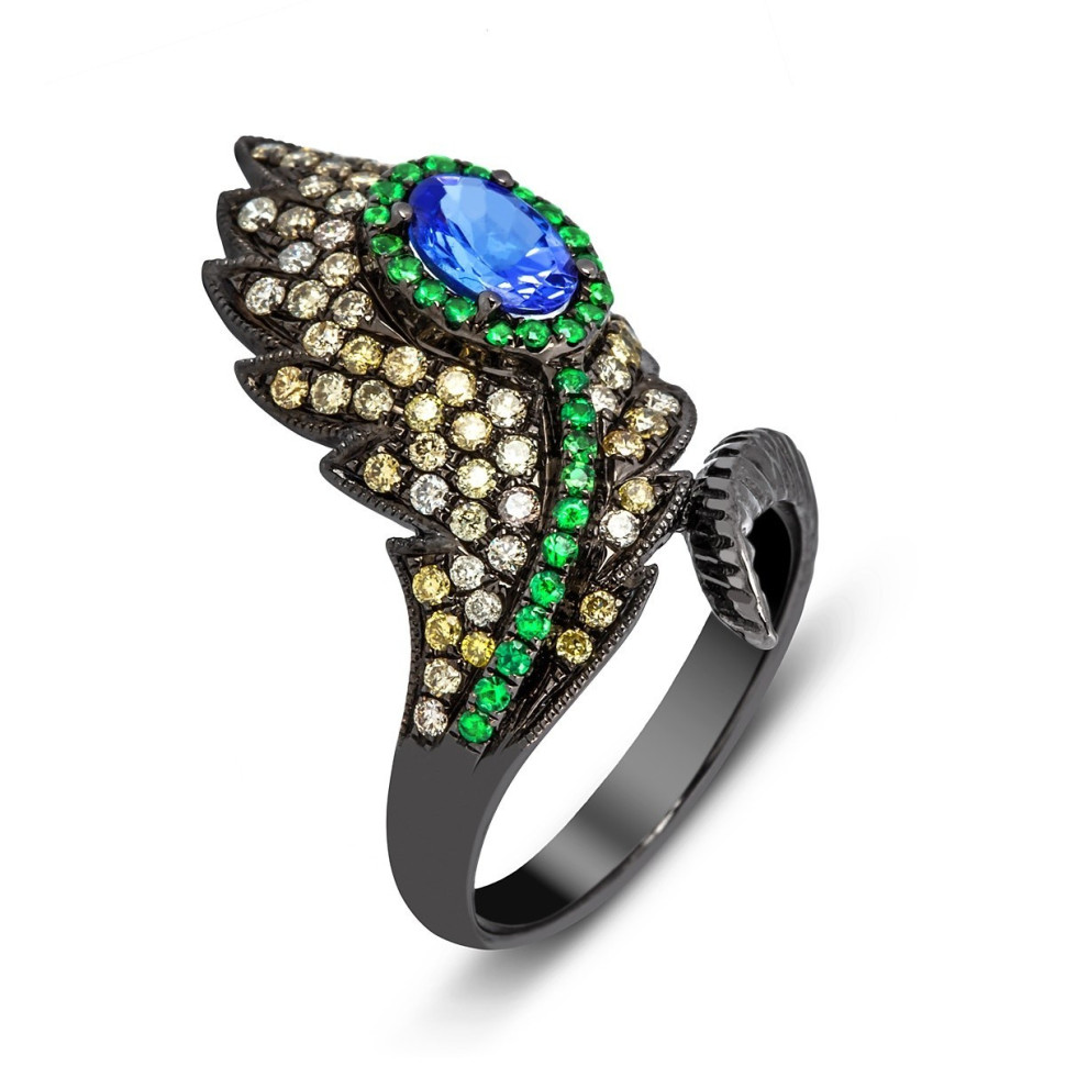 Кольцо с бриллиантами, зелёными гранатами и танзанитом из чёрного золота (015279)
