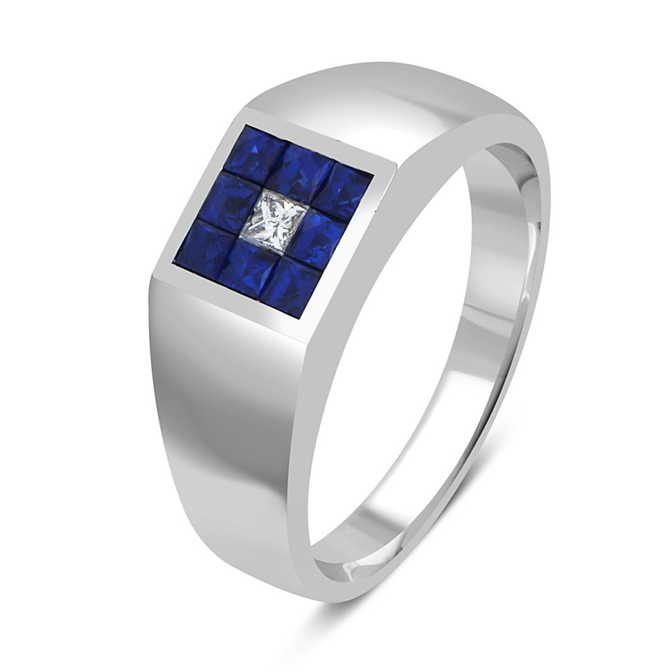 Кольцо печатка из белого золота с бриллиантом и сапфирами (047996)