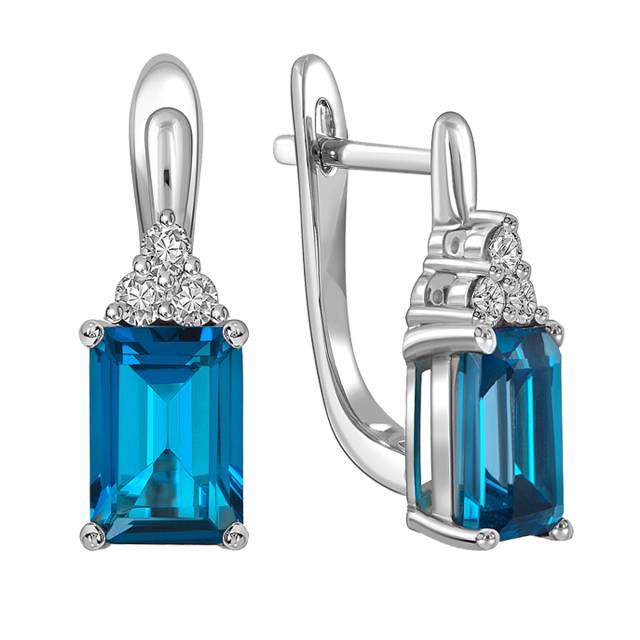 Серьги из белого золота с бриллиантами и лондон топазом (059399)