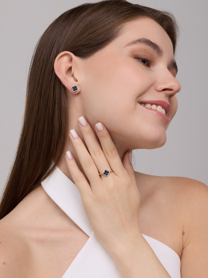 Серьги пусеты из красного золота с бриллиантами и сапфирами (060918)