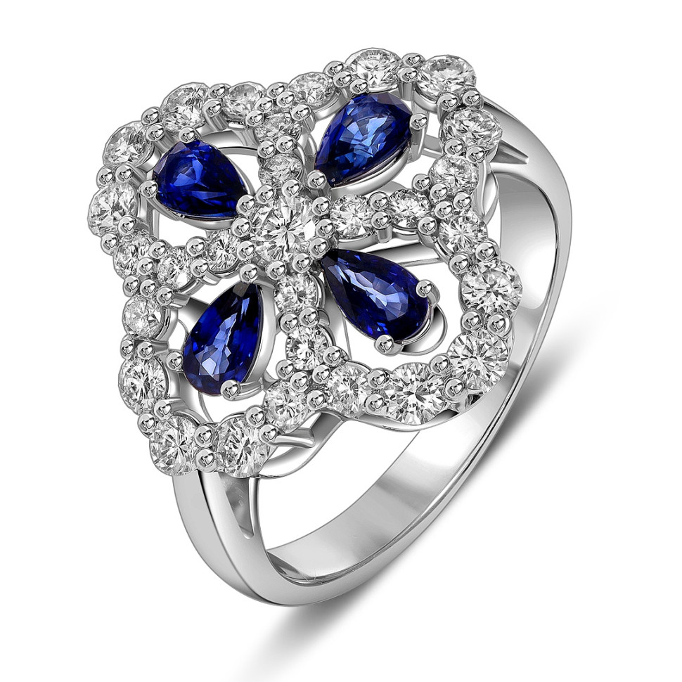 Кольцо из белого золота с бриллиантами и сапфирами (063705)
