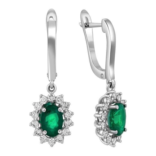 Серьги из белого золота с бриллиантами и изумрудами (062812)