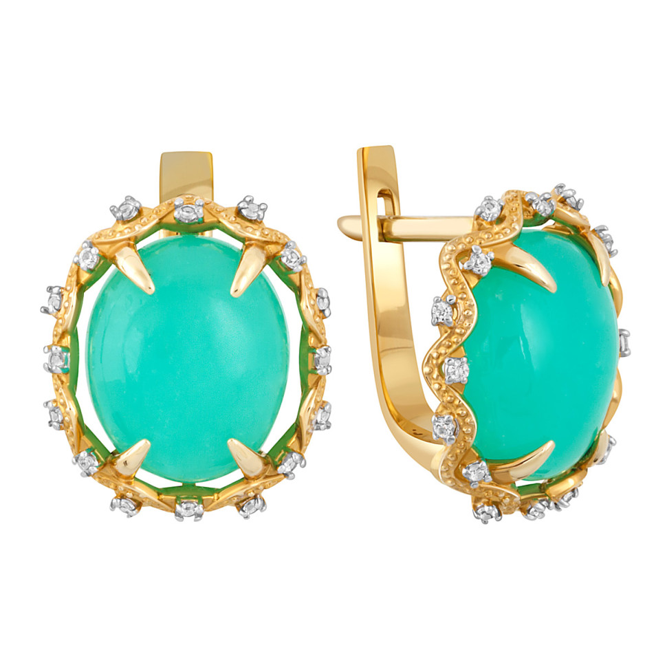 Серьги из жёлтого золота с зелёным опалом и бесцветными сапфирами (043434)
